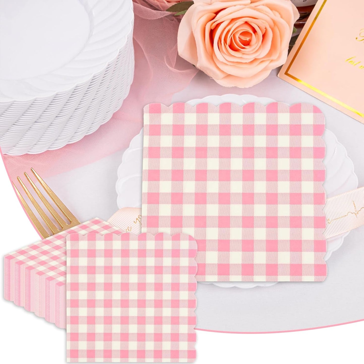40 Pcs Pink Gingham Paper Napkins,13x13 Inch unfolded Square Pink and White Napkins Disposable - Soft Dinner Napkins for Picnic, Wedding, Party, Daily Use(6.5x6.5 Inch Folded)