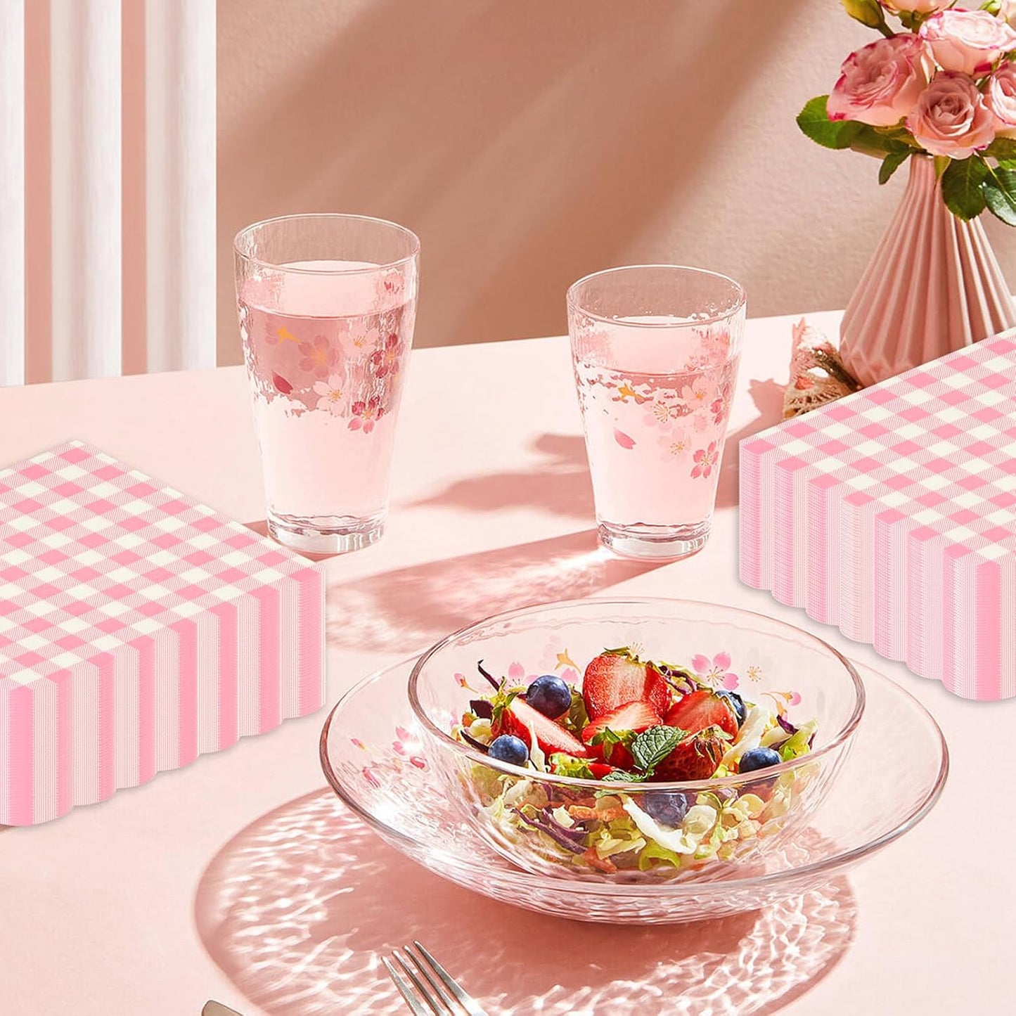 40 Pcs Pink Gingham Paper Napkins,13x13 Inch unfolded Square Pink and White Napkins Disposable - Soft Dinner Napkins for Picnic, Wedding, Party, Daily Use(6.5x6.5 Inch Folded)