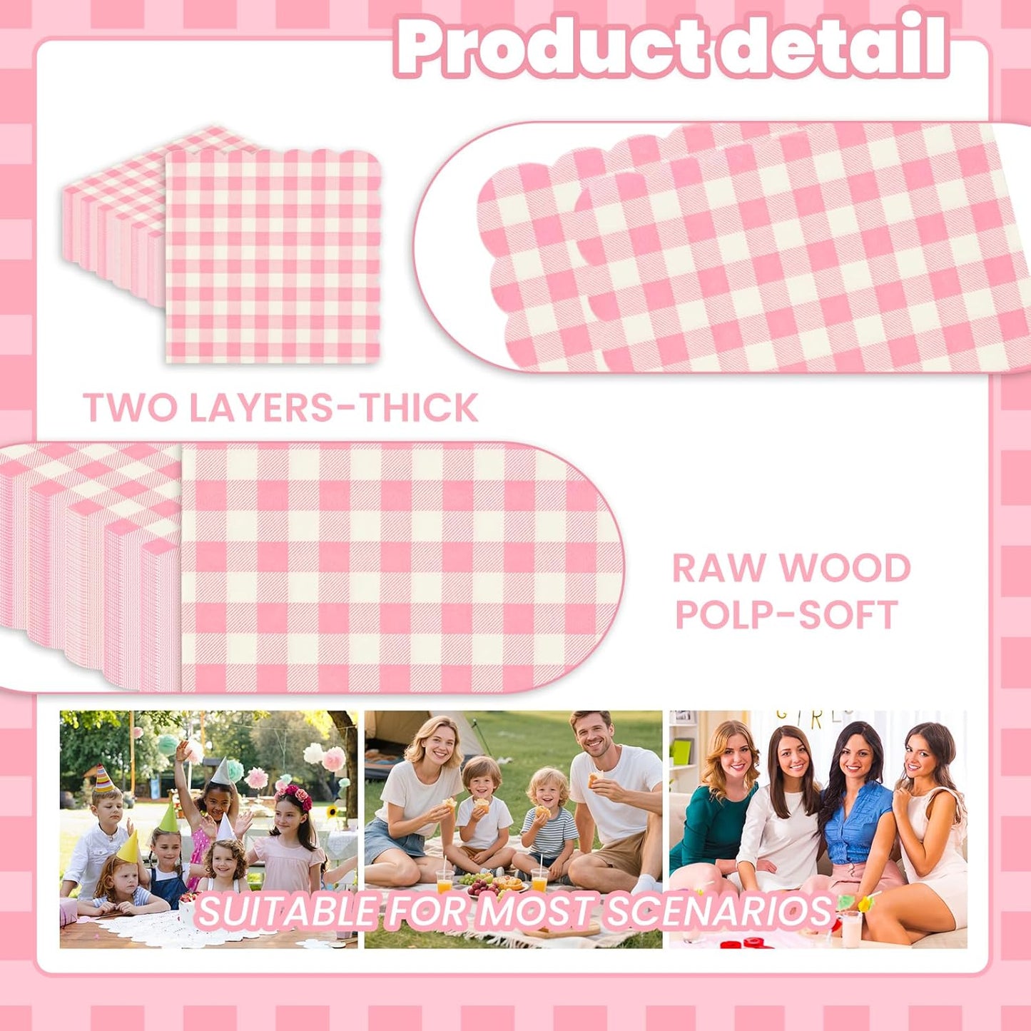 40 Pcs Pink Gingham Paper Napkins,13x13 Inch unfolded Square Pink and White Napkins Disposable - Soft Dinner Napkins for Picnic, Wedding, Party, Daily Use(6.5x6.5 Inch Folded)