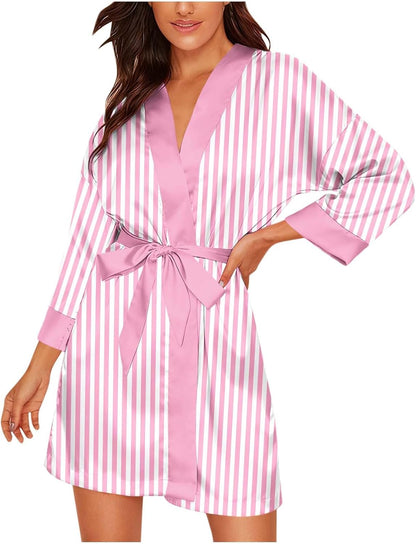 Womens Satin Stripe Robe Cozy Silk Bathrobe for Wedding Party Loungewear Bride Bridesmaids Short Robes Nightgowns