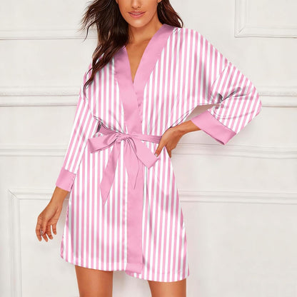 Womens Satin Stripe Robe Cozy Silk Bathrobe for Wedding Party Loungewear Bride Bridesmaids Short Robes Nightgowns