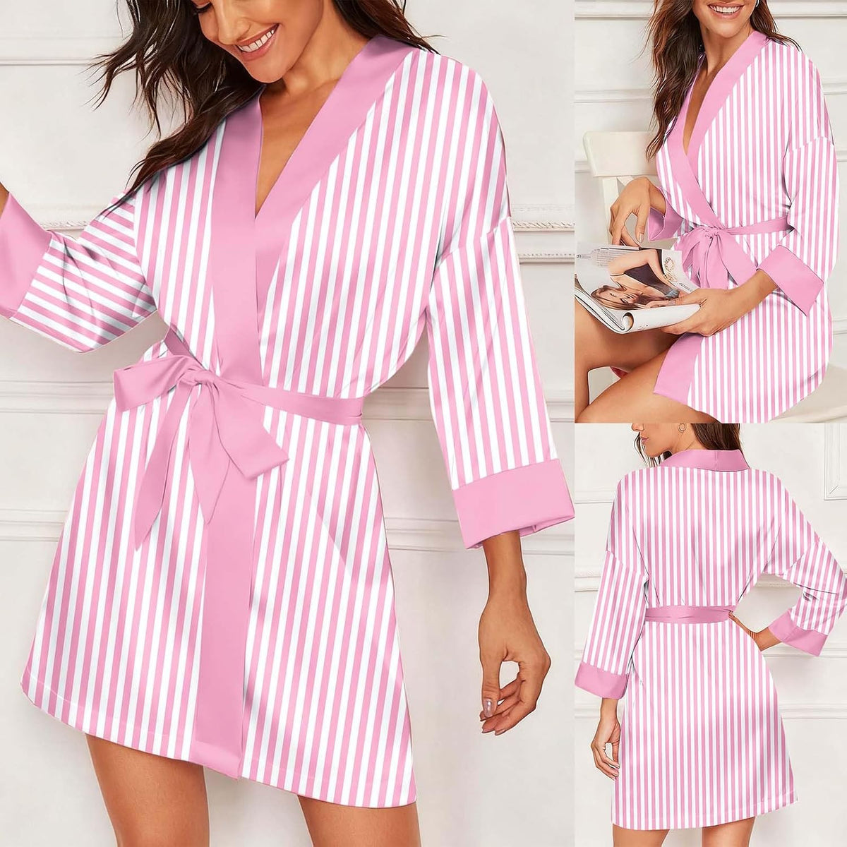 Womens Satin Stripe Robe Cozy Silk Bathrobe for Wedding Party Loungewear Bride Bridesmaids Short Robes Nightgowns