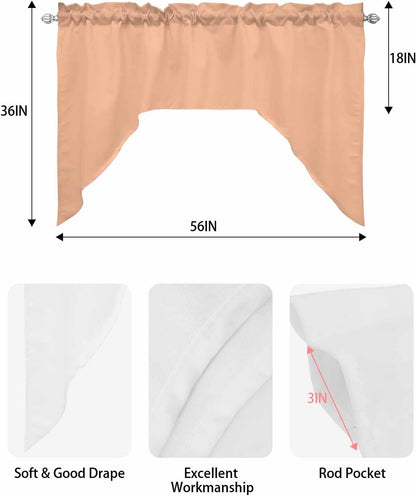 Swag Valances for Windows, Peach Fuzz Kitchen Valance Rod Pocket Window Treatment, Farmhouse Solid Orange Color Modern Art Bathroom Swag Curtain Panel for Living Room, 56 x 36 inch