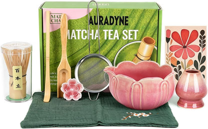 Matcha Set, 9 Pcs Lotus Matcha Whisk Set with Spout,18oz Ceramic Matcha Kit Chasen, Matcha Bowl Set Bamboo Japanese Matcha Making Kit, Cute Matcha Gifts Tools for Tea (Pink)