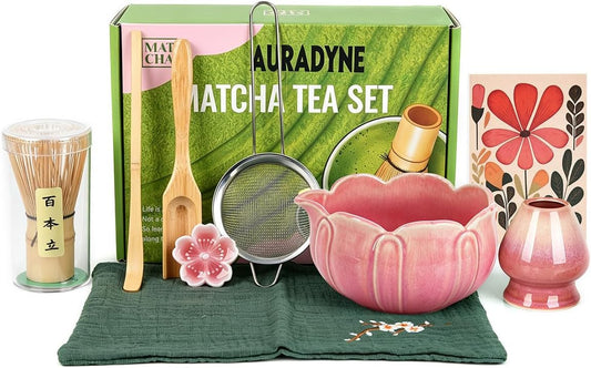 Matcha Set, 9 Pcs Lotus Matcha Whisk Set with Spout,18oz Ceramic Matcha Kit Chasen, Matcha Bowl Set Bamboo Japanese Matcha Making Kit, Cute Matcha Gifts Tools for Tea (Pink)