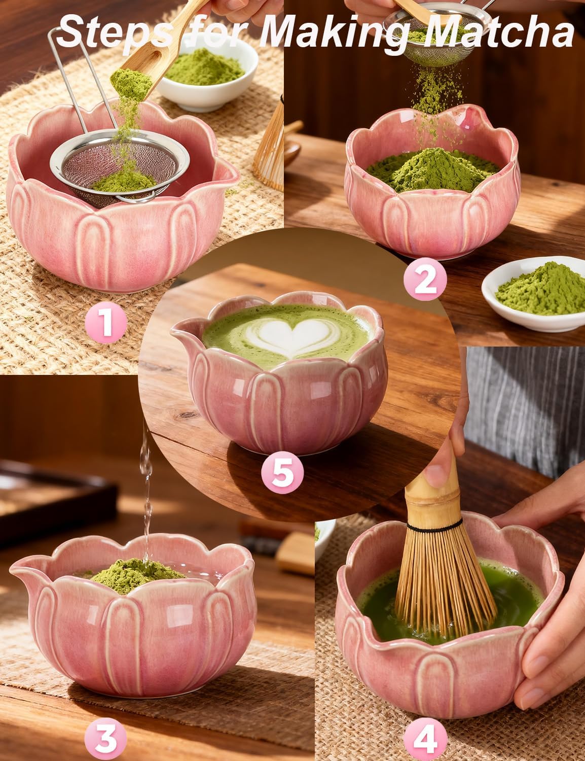 Matcha Set, 9 Pcs Lotus Matcha Whisk Set with Spout,18oz Ceramic Matcha Kit Chasen, Matcha Bowl Set Bamboo Japanese Matcha Making Kit, Cute Matcha Gifts Tools for Tea (Pink)