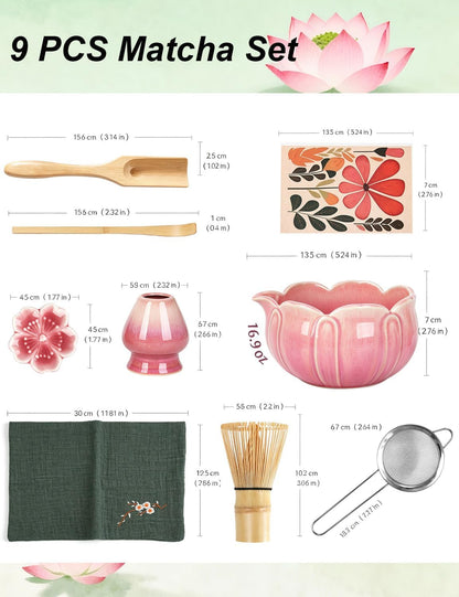 Matcha Set, 9 Pcs Lotus Matcha Whisk Set with Spout,18oz Ceramic Matcha Kit Chasen, Matcha Bowl Set Bamboo Japanese Matcha Making Kit, Cute Matcha Gifts Tools for Tea (Pink)