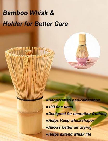 Matcha Set, 9 Pcs Lotus Matcha Whisk Set with Spout,18oz Ceramic Matcha Kit Chasen, Matcha Bowl Set Bamboo Japanese Matcha Making Kit, Cute Matcha Gifts Tools for Tea (Pink)