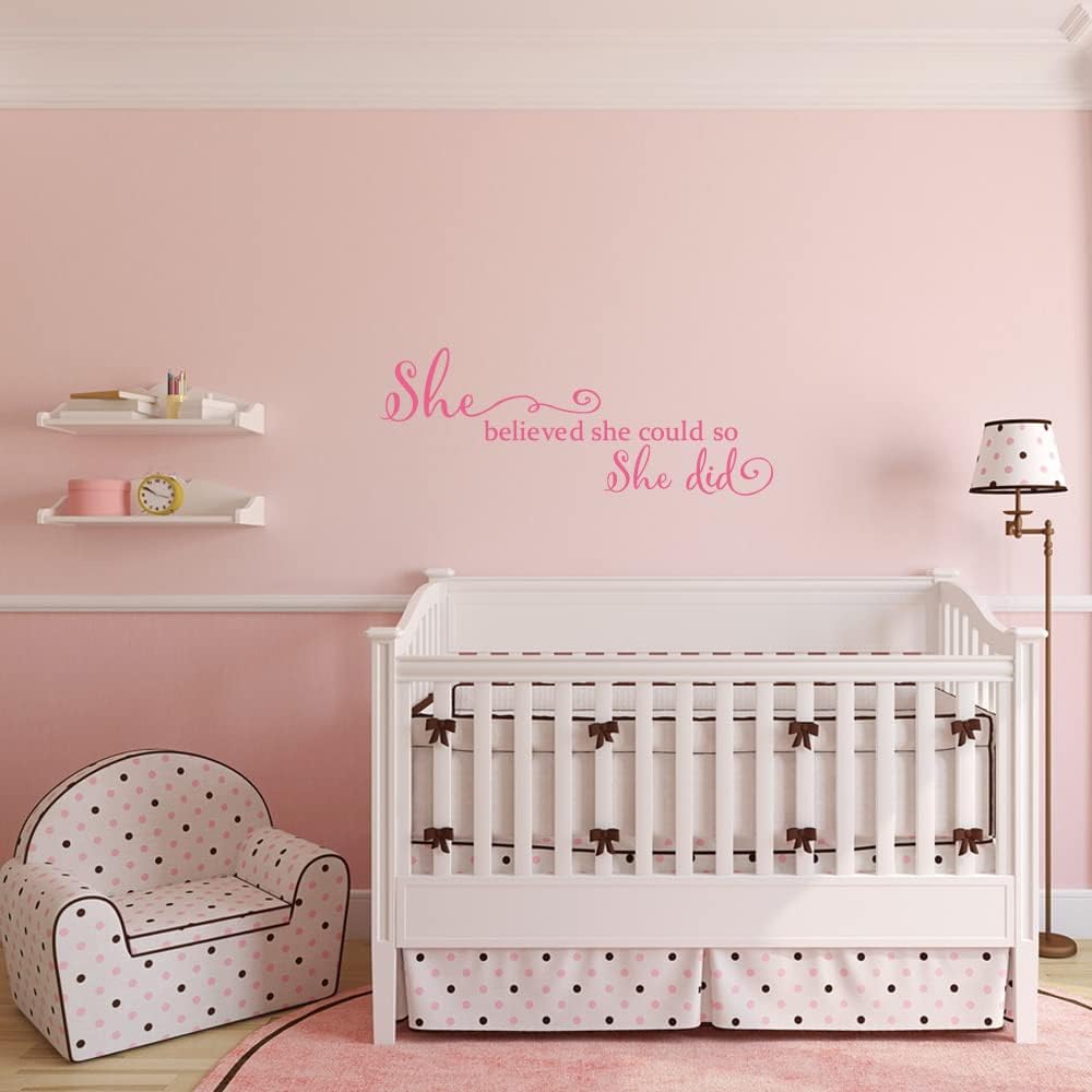 She Believed She Could so She Did - Pure Black Vinyl Wall Decal Carved Letters Girls Inspirational Quote Positive Kids Saying Sticker Home Art Decoration - Pink