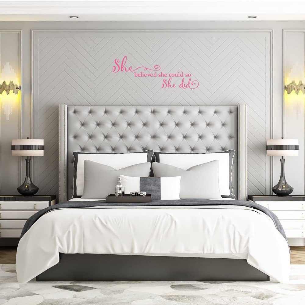 She Believed She Could so She Did - Pure Black Vinyl Wall Decal Carved Letters Girls Inspirational Quote Positive Kids Saying Sticker Home Art Decoration - Pink
