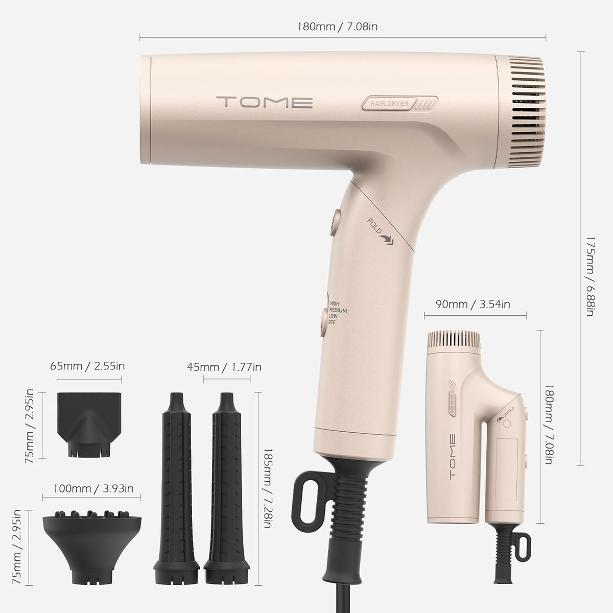Foldable Hair Dryer HD303 1200W, Dual Voltage 110–240V, 3 Attachments
