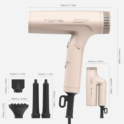Foldable Hair Dryer HD303 1200W, Dual Voltage 110–240V, 3 Attachments