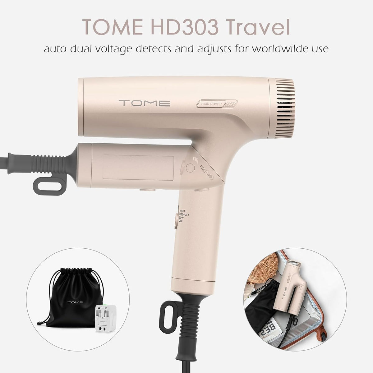 Foldable Hair Dryer HD303 1200W, Dual Voltage 110–240V, 3 Attachments