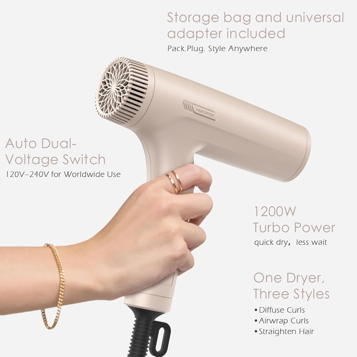 Foldable Hair Dryer HD303 1200W, Dual Voltage 110–240V, 3 Attachments
