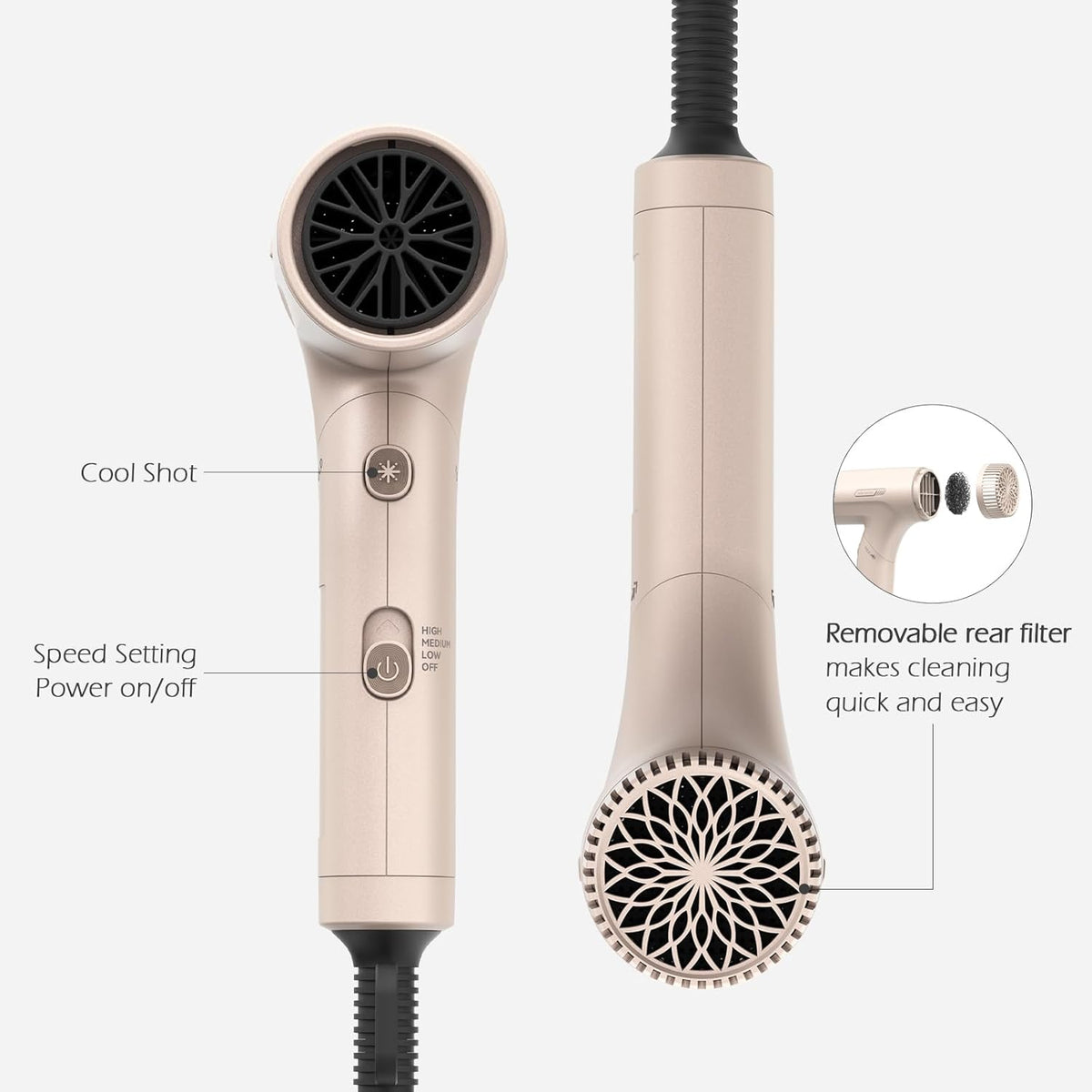 Foldable Hair Dryer HD303 1200W, Dual Voltage 110–240V, 3 Attachments