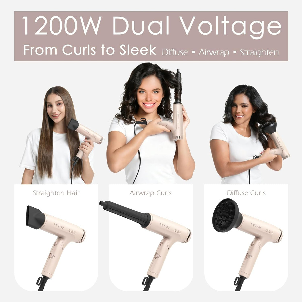 Foldable Hair Dryer HD303 1200W, Dual Voltage 110–240V, 3 Attachments