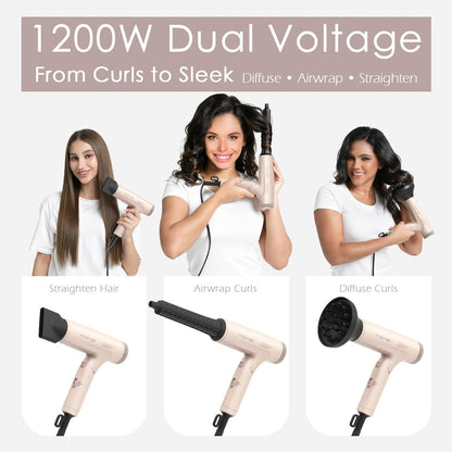 Foldable Hair Dryer HD303 1200W, Dual Voltage 110–240V, 3 Attachments