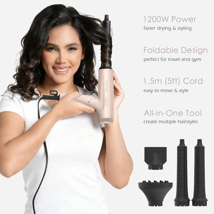 Foldable Hair Dryer HD303 1200W, Dual Voltage 110–240V, 3 Attachments