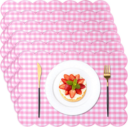 6 Pcs Gingham Linen Placemats 13 x 19 Inch Check Plaid Table Mat Buffalo Plaid Washable Scalloped Wavy Embroidery Placemat for Spring Dining Tables Tea Party (Pink)