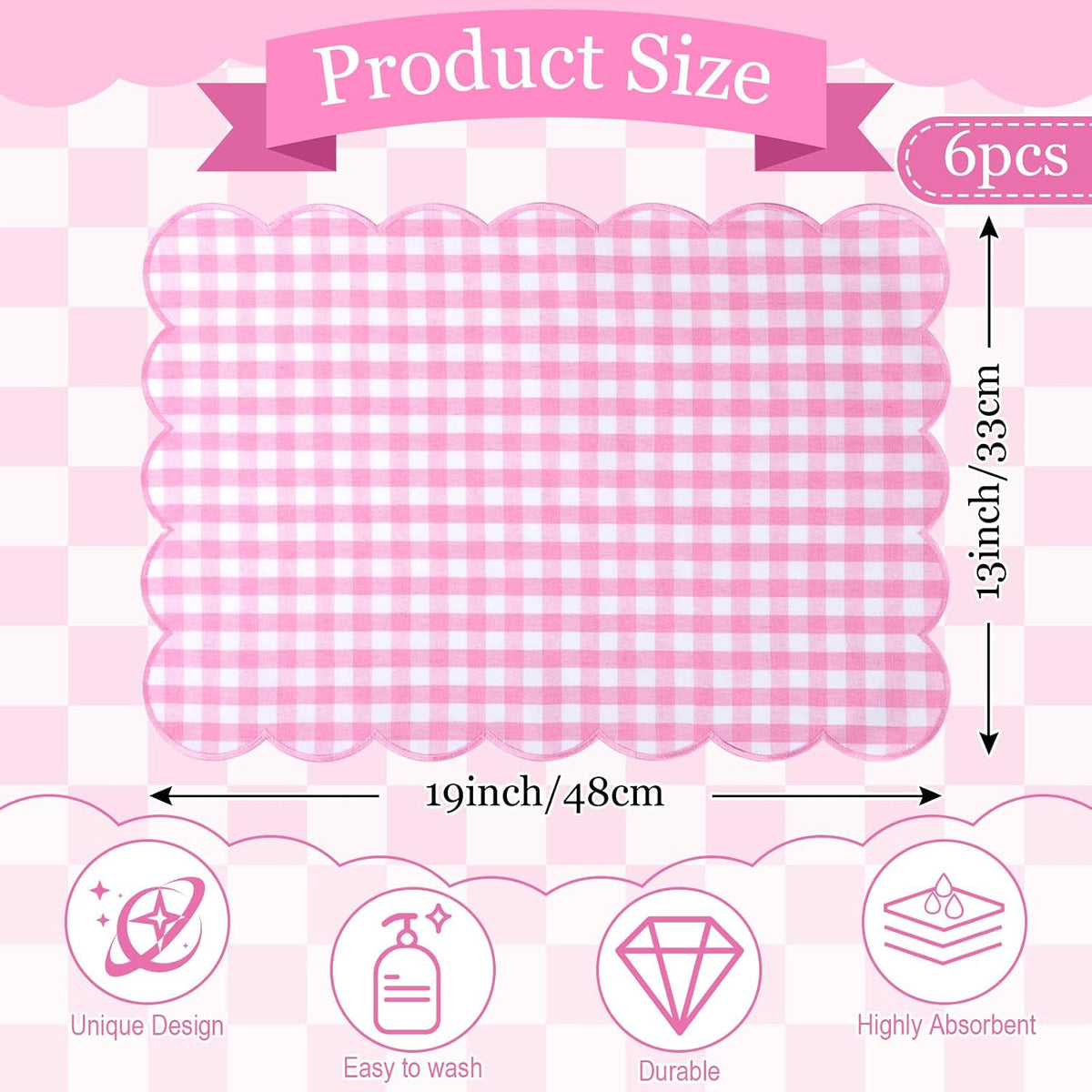 6 Pcs Gingham Linen Placemats 13 x 19 Inch Check Plaid Table Mat Buffalo Plaid Washable Scalloped Wavy Embroidery Placemat for Spring Dining Tables Tea Party (Pink)