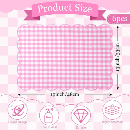 6 Pcs Gingham Linen Placemats 13 x 19 Inch Check Plaid Table Mat Buffalo Plaid Washable Scalloped Wavy Embroidery Placemat for Spring Dining Tables Tea Party (Pink)