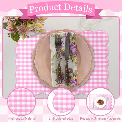 6 Pcs Gingham Linen Placemats 13 x 19 Inch Check Plaid Table Mat Buffalo Plaid Washable Scalloped Wavy Embroidery Placemat for Spring Dining Tables Tea Party (Pink)