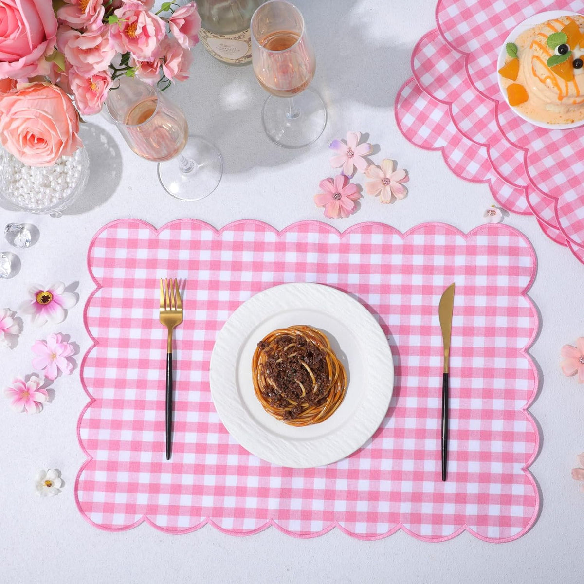 6 Pcs Gingham Linen Placemats 13 x 19 Inch Check Plaid Table Mat Buffalo Plaid Washable Scalloped Wavy Embroidery Placemat for Spring Dining Tables Tea Party (Pink)