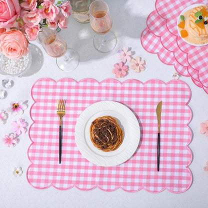 6 Pcs Gingham Linen Placemats 13 x 19 Inch Check Plaid Table Mat Buffalo Plaid Washable Scalloped Wavy Embroidery Placemat for Spring Dining Tables Tea Party (Pink)