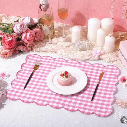 6 Pcs Gingham Linen Placemats 13 x 19 Inch Check Plaid Table Mat Buffalo Plaid Washable Scalloped Wavy Embroidery Placemat for Spring Dining Tables Tea Party (Pink)