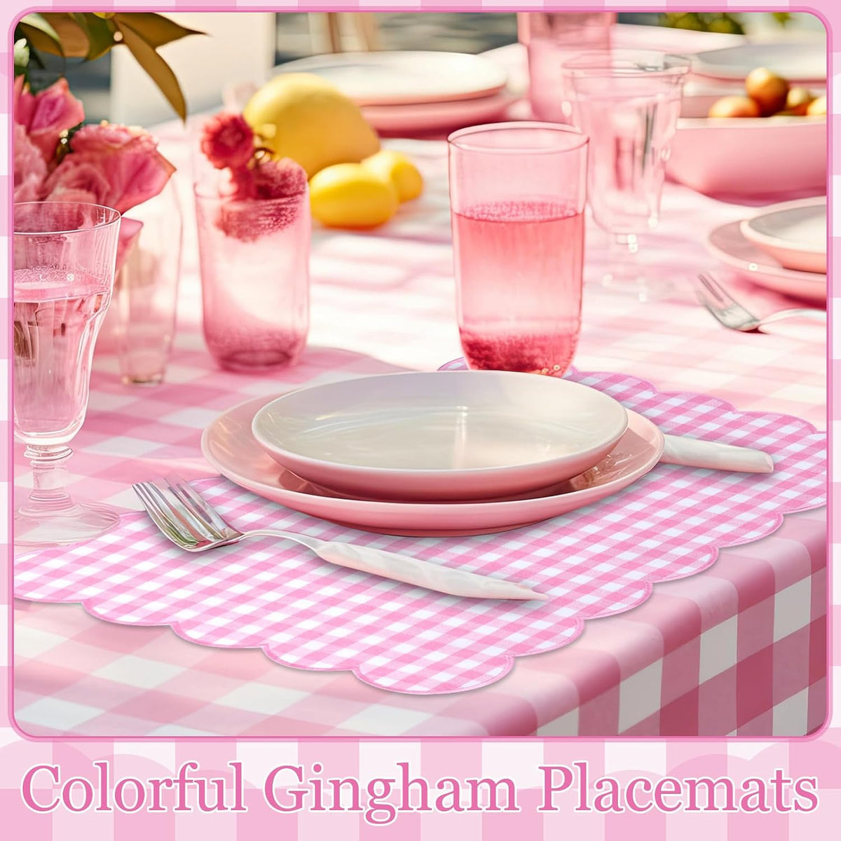 6 Pcs Gingham Linen Placemats 13 x 19 Inch Check Plaid Table Mat Buffalo Plaid Washable Scalloped Wavy Embroidery Placemat for Spring Dining Tables Tea Party (Pink)