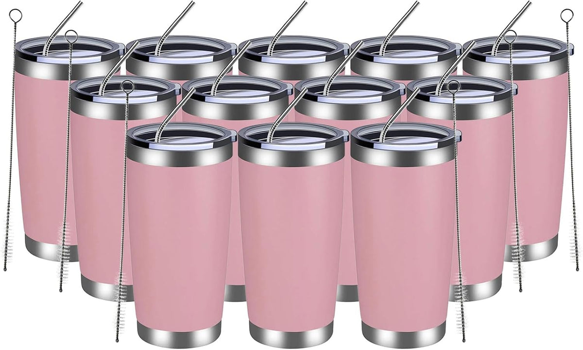 20oz Tumbler 12 Pack Double Wall Vacuum Insulated Travel Mug Bulk, Stainless Steel Tumblers with Lid and Straw, Durable Powder Coated Coffee Cups for Cold & Hot Drinks (Pink, 12)