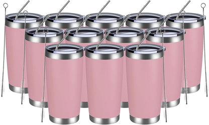 20oz Tumbler 12 Pack Double Wall Vacuum Insulated Travel Mug Bulk, Stainless Steel Tumblers with Lid and Straw, Durable Powder Coated Coffee Cups for Cold & Hot Drinks (Pink, 12)