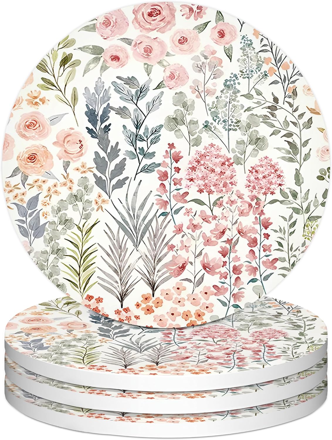 Plants Floral Ceramic Drink Coasters for Car, Table, Set of 4