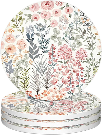 Plants Floral Ceramic Drink Coasters for Car, Table, Set of 4