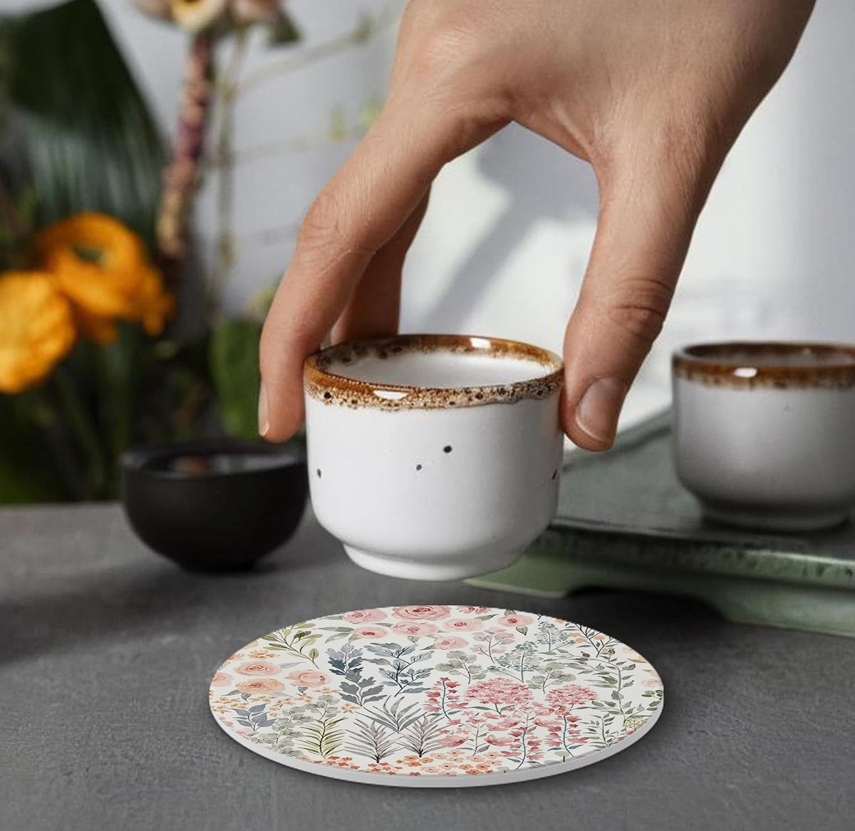 Plants Floral Ceramic Drink Coasters for Car, Table, Set of 4