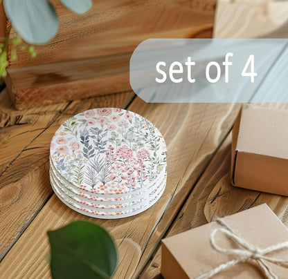 Plants Floral Ceramic Drink Coasters for Car, Table, Set of 4