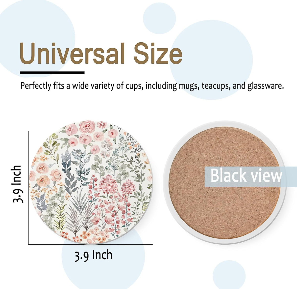 Plants Floral Ceramic Drink Coasters for Car, Table, Set of 4