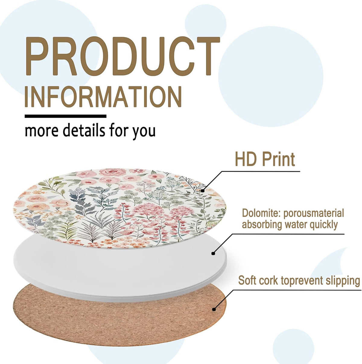 Plants Floral Ceramic Drink Coasters for Car, Table, Set of 4