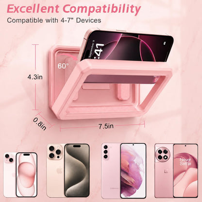Shower Phone Holder Waterproof Pink,480° Rotatable, Multi-Angle Adjustable Wall Mounted Phone Holder for Bathroom Bathtub Kitchen Mirror, Compatible with All 4-7" Smartphones