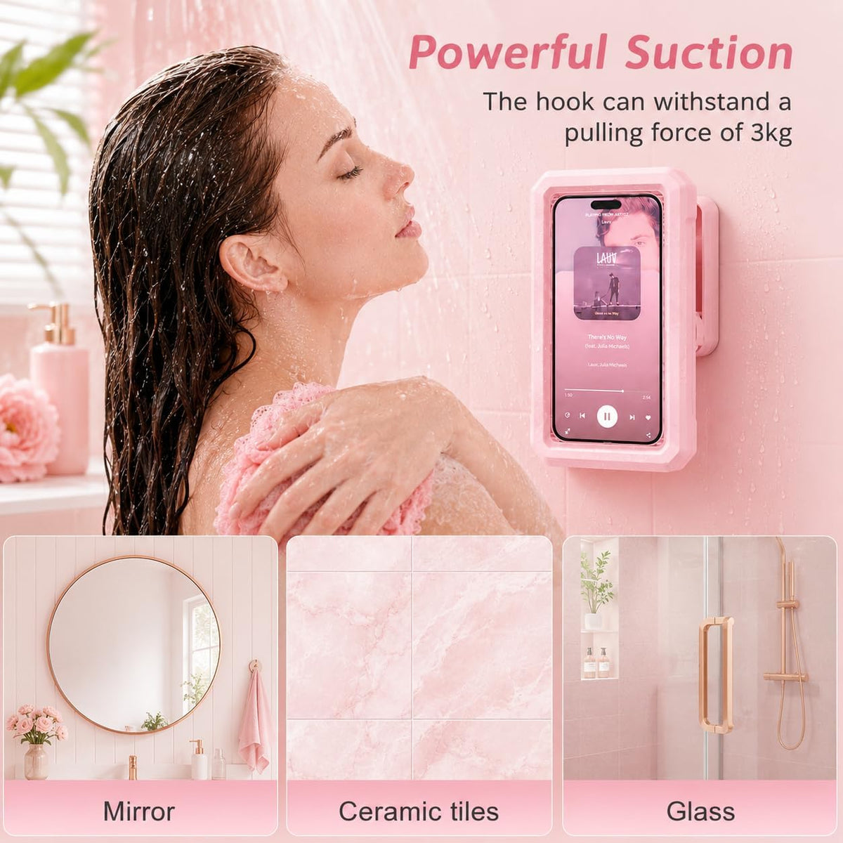 Shower Phone Holder Waterproof Pink,480° Rotatable, Multi-Angle Adjustable Wall Mounted Phone Holder for Bathroom Bathtub Kitchen Mirror, Compatible with All 4-7" Smartphones