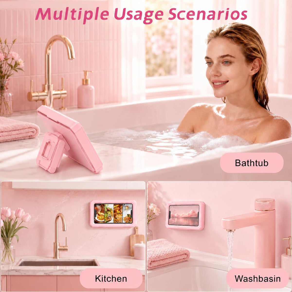 Shower Phone Holder Waterproof Pink,480° Rotatable, Multi-Angle Adjustable Wall Mounted Phone Holder for Bathroom Bathtub Kitchen Mirror, Compatible with All 4-7" Smartphones