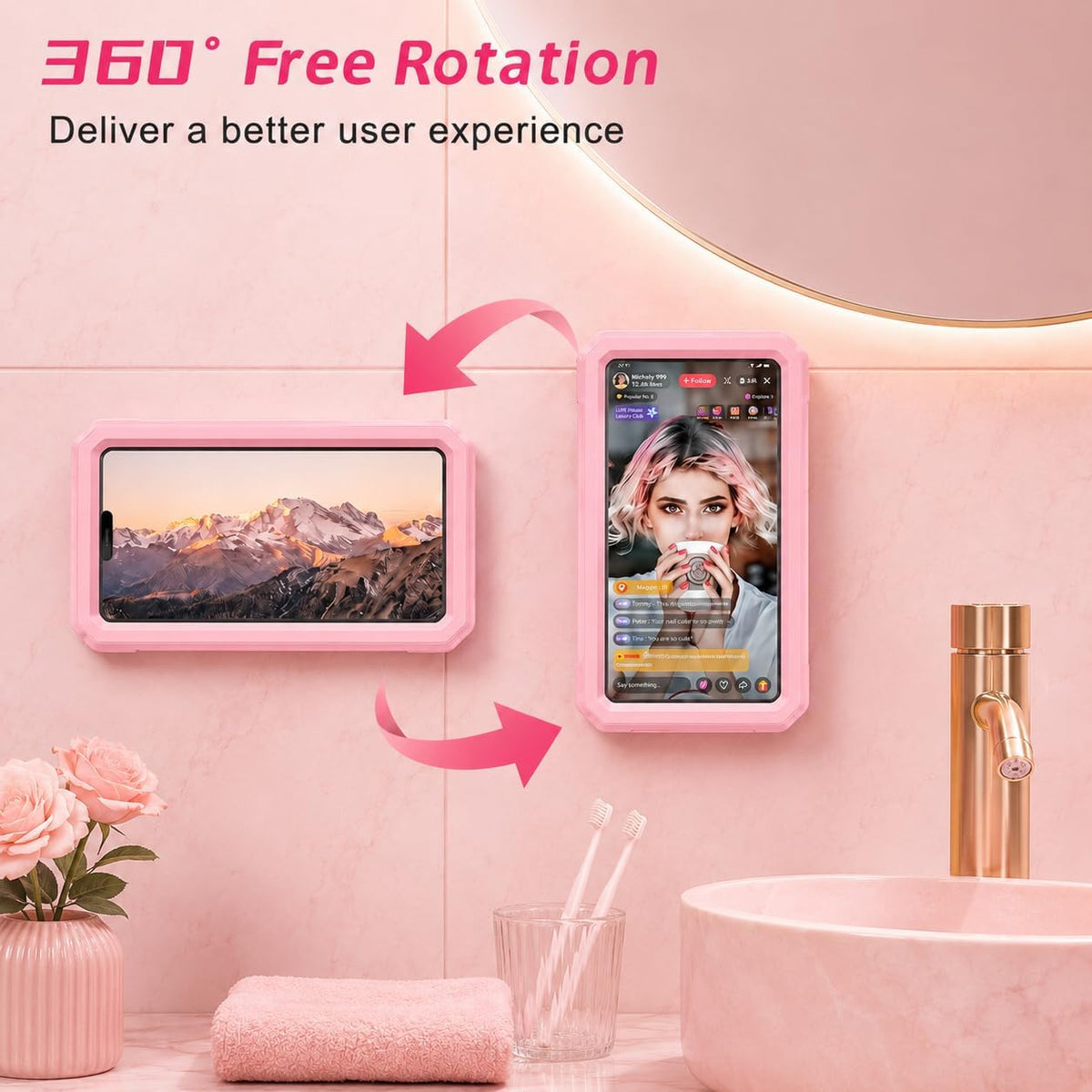 Shower Phone Holder Waterproof Pink,480° Rotatable, Multi-Angle Adjustable Wall Mounted Phone Holder for Bathroom Bathtub Kitchen Mirror, Compatible with All 4-7" Smartphones