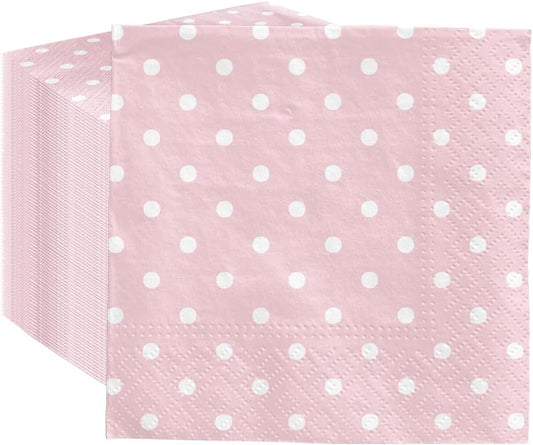 PAW - 100 Pack Baby Pink Cocktail Napkins 5'' x 5'', Disposable Beverage Napkins with Dots, Dessert Towels for Baby Shower, Gender Reveal, Wedding, Birthday, Bridal Party, Decoupage
