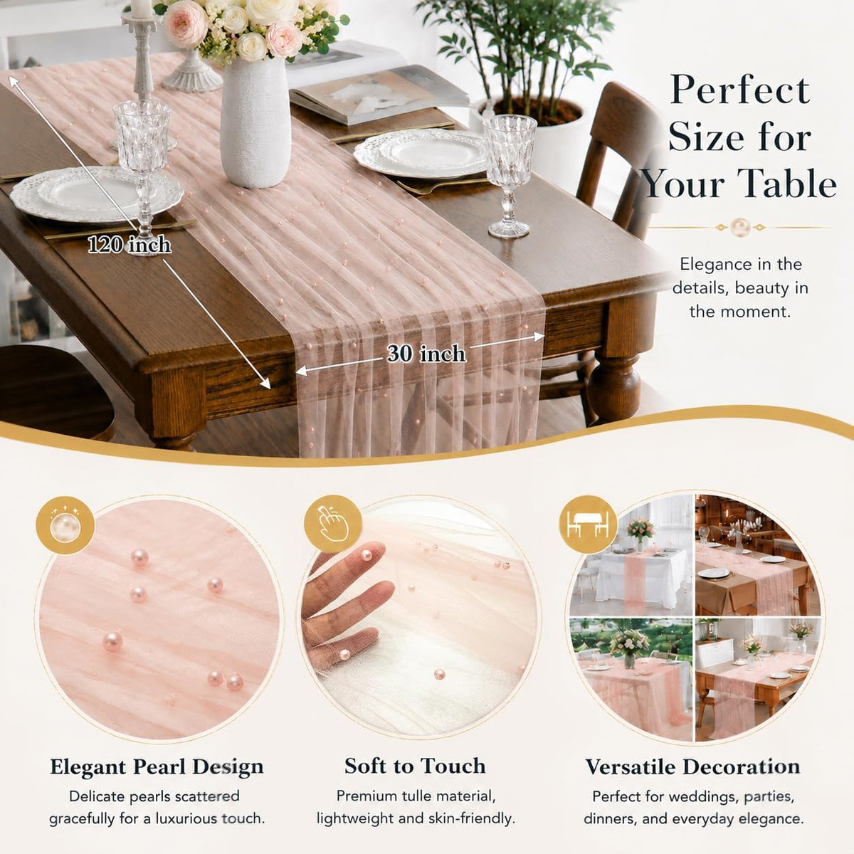 Pearl Pink Table Runner 10FT Wedding Bridal Baby Shower Party Décor