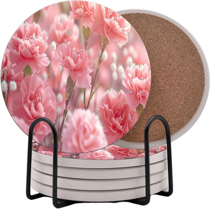 Flowers Pink Carnation Floral Round Coasters Set of 6 - Abosrbent Ceramic Coasters with Metal Stand for Drinks, Coffee, Non-Slip Cork Back for Tabletop Protection, 4 Inches (Pink Carnation)