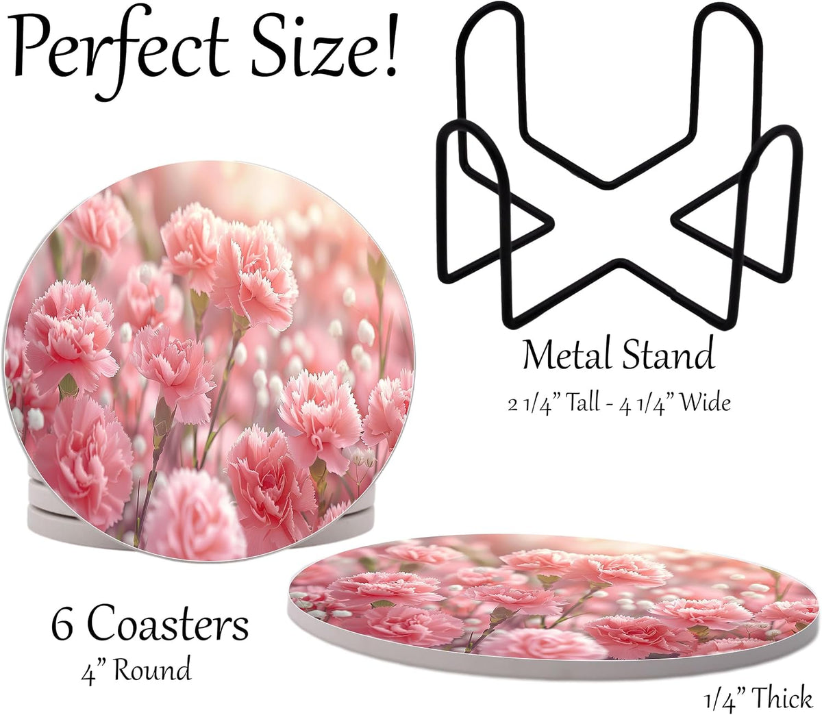 Flowers Pink Carnation Floral Round Coasters Set of 6 - Abosrbent Ceramic Coasters with Metal Stand for Drinks, Coffee, Non-Slip Cork Back for Tabletop Protection, 4 Inches (Pink Carnation)