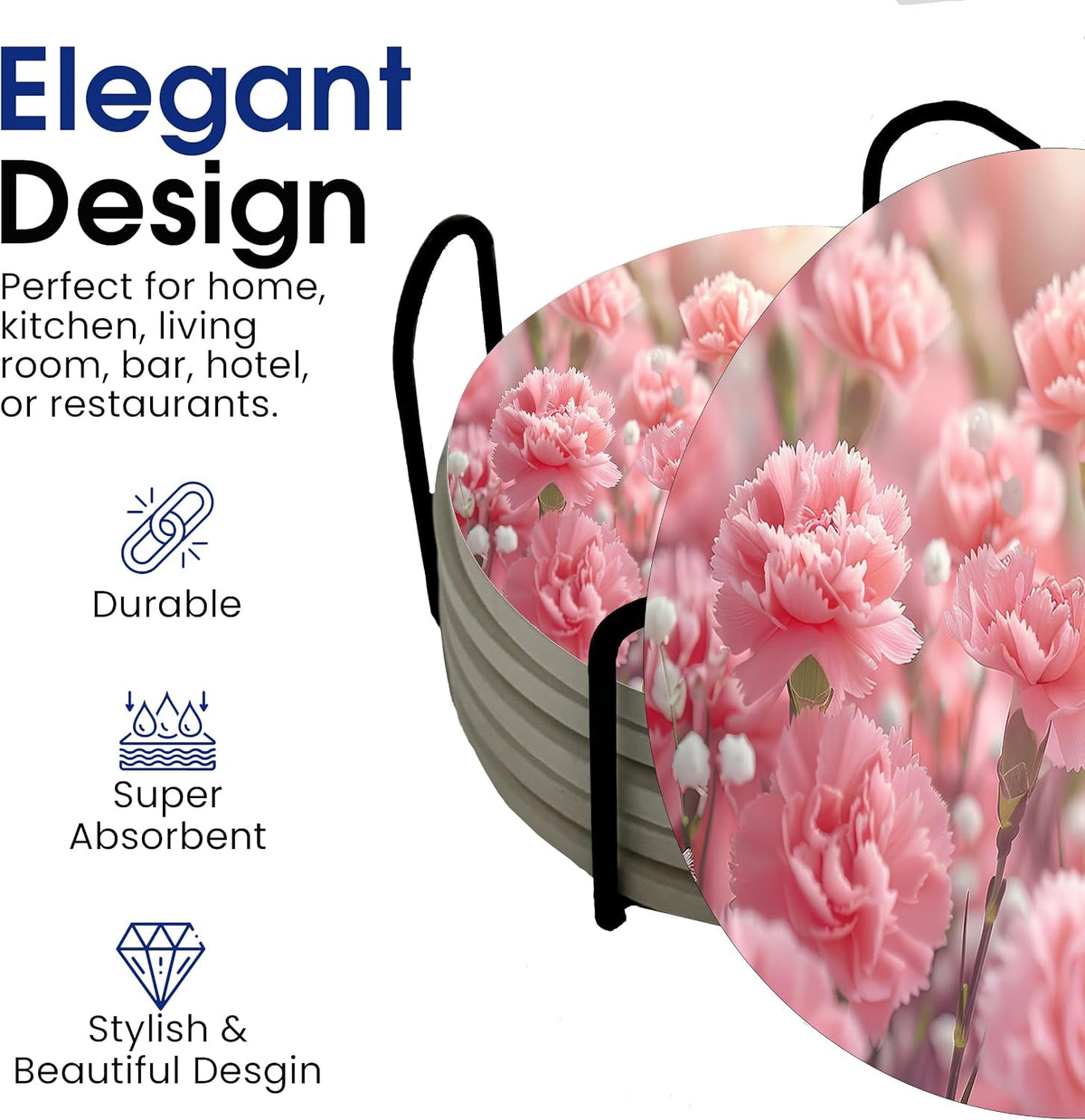 Flowers Pink Carnation Floral Round Coasters Set of 6 - Abosrbent Ceramic Coasters with Metal Stand for Drinks, Coffee, Non-Slip Cork Back for Tabletop Protection, 4 Inches (Pink Carnation)