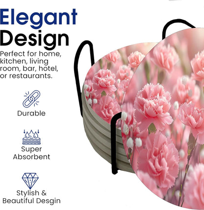 Flowers Pink Carnation Floral Round Coasters Set of 6 - Abosrbent Ceramic Coasters with Metal Stand for Drinks, Coffee, Non-Slip Cork Back for Tabletop Protection, 4 Inches (Pink Carnation)