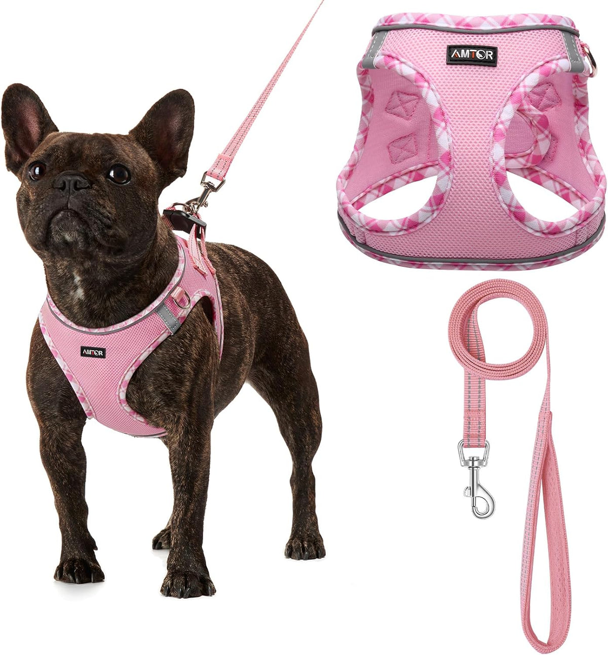Small Dog Harness with Leash Set, No Escape Easy Walk Puppy Harnesses for Training Walking, Step-in Reflective Soft Dogs Vest for XS S Medium Extra-Small Large Sized Dog(Pink/White,S)