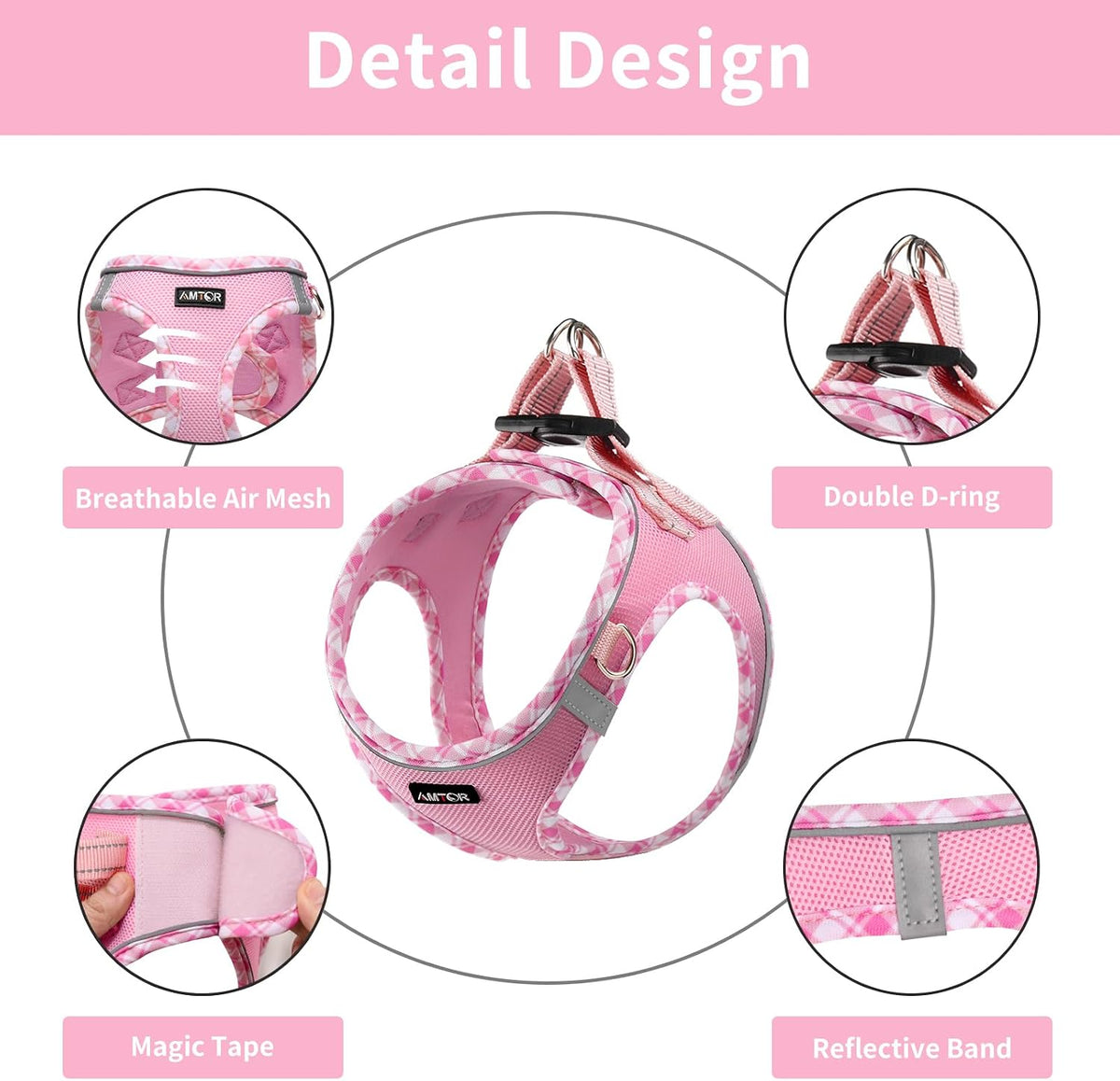 Small Dog Harness with Leash Set, No Escape Easy Walk Puppy Harnesses for Training Walking, Step-in Reflective Soft Dogs Vest for XS S Medium Extra-Small Large Sized Dog(Pink/White,S)